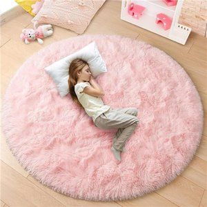 Pink Round Rug 5x5Feet Fluffy Soft Area Rugs for Kids Girls Room Princess Castle